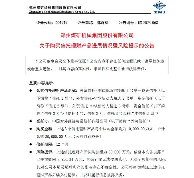 郑煤机信托理财产品爆雷！公司：定损后共同承担风险，风险敞口达2.7亿